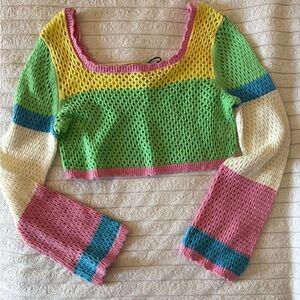 Sincerely Jules Pink Green Yellow Colorblock Open-Weave Crop Sweater